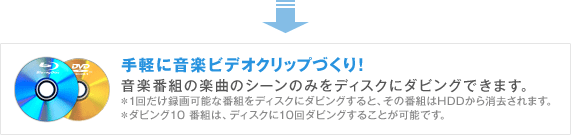 
��y�ɉ��y�r�f�I�N���b�v�Â���I
���y�ԑg�̊y�Ȃ̃V�[���݂̂��f�B�X�N�Ƀ_�r���O�ł��܂��B
��1�񂾂��^��\�Ȕԑg���f�B�X�N�Ƀ_�r���O����ƁA���̔ԑg��HDD�����������܂��B
���_�r���O10 �ԑg�́A�f�B�X�N��10��_�r���O���邱�Ƃ��\�ł��B
