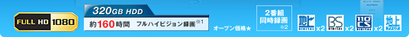 FULL HD 1080�@320GB HDD ��160���� �t���n�C�r�W�����^�恦1�@2�ԑg�����^�恦2�@���I�[�v�����i