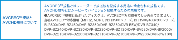 AVCRECKiAVCHDKiɂā@AVCRECKiƂ̓R[_[ŕgL^prɍ肳ꂽKiłB AVCHDKiƂ̓[r[ŃnCrWL^邽߂̋KiłB@`ubqdbKiL^ꂽfBXŃAAVCRECΉ@łĐł܂BAVCREC™Ή@iMDR2AMDR1ABBHR500V[YABHR500/400/300V[YABLR500/DVR-BZ450/DVR-BZ350/DVR-BZ250/DVR-B5W/DVR-BZ340/DVR-BZ240/DVR-BZ330/DVR-BZ230/DVR-BZ130/DVR-BV530/DVR-BF2000/DVR-BZ210/DVR-BZ200/DVR-BZ110/DVR-BZ100/DVR-DW200/DVR-DW100)