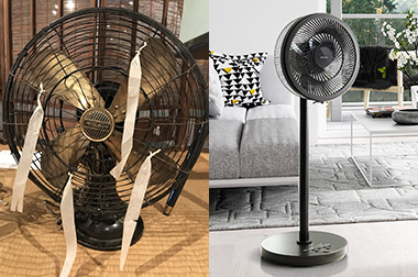 左:台東区立下町風俗資料館の企画展で展示されていた、初期型の三菱扇風機、右:最新の三菱扇風機「SEASONS」