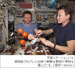 宇宙ステーションにも、貨物船プログレスが時々新鮮な野菜や果物を運んでくる。（提供：NASA）