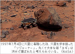  1997年7月4日に火星に着陸した後、火星を歩き回った「ソジャーナー」。大きな岩「ヨギ」を観測中。（NASA）
