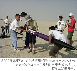 2002年8月アメリカネバダ州で行われたキャンサットのカムバックコンペに参加した東大メンバー。打ち上げ準備中。