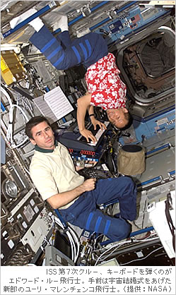 ISS第7次クルー、キーボードを弾くのがエドワード･ルー飛行士。手前は宇宙結婚式をあげた新郎のユーリ・マレンチェンコ飛行士。（提供：NASA）