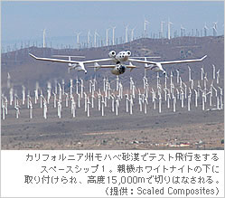 カリフォルニア州モハベ砂漠でテスト飛行をするスペースシップ１。親機ホワイトナイトの下に取り付けられ、高度1万5千キロで切りはなされる。（提供：Scaled Composites）