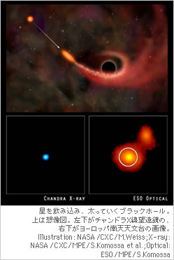 星を飲み込み、太っていくブラックホール。上は想像図。左下がチャンドラX線望遠鏡の、右下がヨーロッパ南天天文台の画像。Illustration: NASA/CXC/M.Weiss;X-ray: NASA/CXC/MPE/S.Komossa et al.;Optical: ESO/MPE/S.Komossa