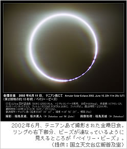 2002年6月、テニアン島で撮影された金環日食。リングの右下部分、ビーズが連なっているように見えるところが「ベイリー・ビーズ」。（提供：国立天文台広報普及室）
