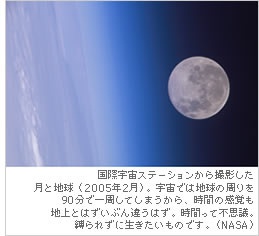 国際宇宙ステーションから撮影した月と地球（2005年2月）。宇宙では地球の周りを90分で一周してしまうから、時間の感覚も地上とはずいぶん違うはず。時間って不思議。縛られずに生きたいものです。（NASA）