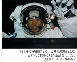 1997年の宇宙飛行で、土井隆雄飛行士は日本人で初めて船外活動を行った。（提供：JAXA/NASA）