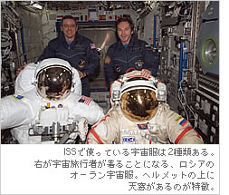 ISSで使っている宇宙服は2種類ある。右が宇宙旅行者が着ることになる、ロシアのオーラン宇宙服。ヘルメットの上に天窓があるのが特徴。