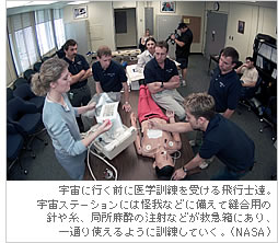 宇宙に行く前に医学訓練を受ける飛行士達。宇宙ステーションには怪我などに備えて縫合用の針や糸、局所麻酔の注射などが救急箱にあり、一通り使えるように訓練していく。（NASA）