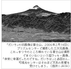 「だいち」の初画像は富士山。2006年2月14にプリズムセンサーで撮影した三次元画像。これっきり今のところ晴れている富士山は撮影できていないという超ラッキー画像。「非常に幸運だったのですね。だいちは」と島田さん。可視光センサーはそれほど天気の影響を受けてしまう。（提供：JAXA）