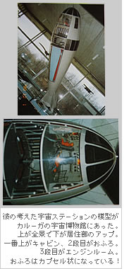 彼の考えた宇宙ステーションの模型がカルーガの宇宙博物館にあった。上が全景で下が居住部のアップ。一番上がキャビン、2段目がおふろ。3段目がエンジンルーム。おふろはカプセル状になっている！