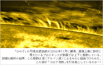 「ひので」の可視光望遠鏡が2006年11月に観測。画像上部に筋状に見えているプロミネンスが動画では上下に振動している。詳細な解析の結果この振動は波（アルベン波）が波によるものと結論づけられた。この波が「コロナ加熱」を引き起こしているのか？！