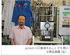 JAXAの小口美津夫さんとデモ用の水再生装置（右）。
