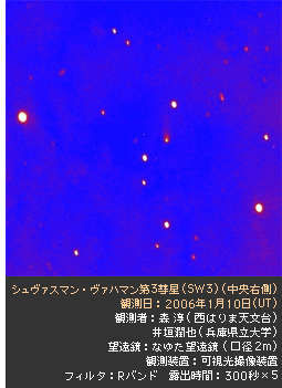 シュヴァスマン・ヴァハマン第3彗星（SW3）（中央右側）観測日：2006年1月10日（UT）観測者 : 森 淳(西はりま天文台)
井垣潤也(兵庫県立大学)　望遠鏡 : なゆた望遠鏡 (口径2m)　観測装置 : 可視光撮像装置　フィルタ : Rバンド　露出時間 : 300秒×5