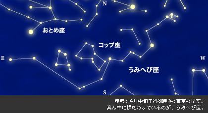 参考：4月中旬午後8時頃の東京の星空。真ん中に横たわっているのが、うみへび座。