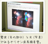 電波（色の部分）と光（写真） でみるオリオン座馬頭星雲。