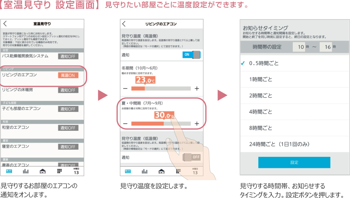【室温見守り 設定画面】見守りたい部屋ごとに温度設定ができます。