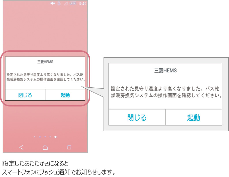 設定したあたたかさになると、スマートフォンにプッシュ通知でお知らせします。