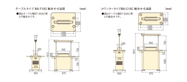 テーブルタイプ BS-T13C 組合せ寸法図（mm）／カウンタータイプ BS-C13C 組合せ寸法図（mm）