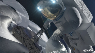 NASAの小惑星有人探査の想像図。小さな小惑星を月軌道まで無人宇宙船で運んだ後、宇宙飛行士が探査を行う。（提供：NASA）
