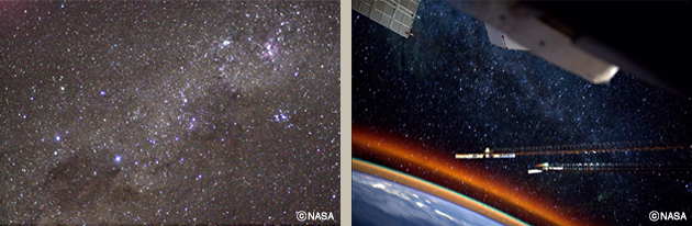 左：ISSからドナルド・ベティ飛行士が撮影した天の川。右：ASAのリード・ワイズマン飛行士が2014年8月にツイッターに投稿したISSと星と地球。（提供：NASA）