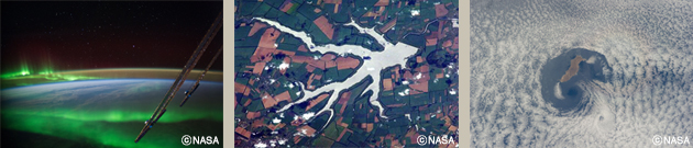 左：突っ切ったり上から見下ろしたり、オーロラは常に宇宙飛行士を虜にする。写真は2014年8月上旬撮影。環状に地球をとりまいている。中：まるでカエル？宇宙から見ることでユニークな形がわかる。右：カルマン渦と呼ばれる雲の渦とメキシコのグアダルーペ島。（提供：NASA）