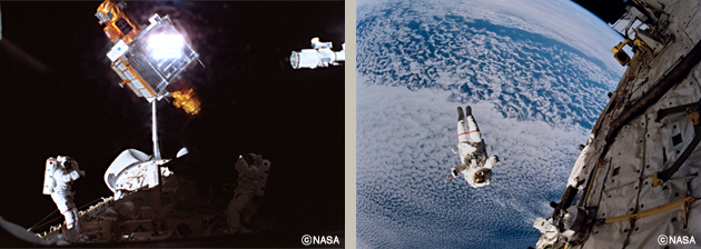 左：1997年11月、スペースシャトルの貨物室で人工衛星を捕まえようとする土井飛行士（右側）。右：1994年9月16日、新しくISS用に開発された移動装置をつけ、命綱なしで船外活動を行うマーク・リー飛行士。（提供：NASA）