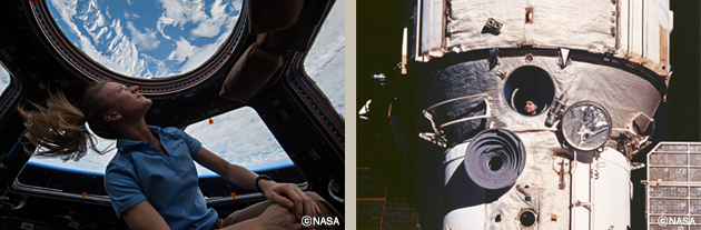 左：国際宇宙ステーションの展望室キューポラから地球を見上げるNASAカレン・ナイバーグ宇宙飛行士　右：1994年1月から437日間の連続宇宙滞在を達成したロシアのワレリー・ポリャコフ飛行士。（提供：NASA）