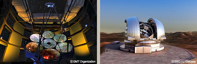 左：大マゼラン望遠鏡計画GMT。米国、韓国・豪州がチリのラスカンパナスに建設予定。予算を獲得するたびに口径8.4mの鏡を増設していき、4枚揃ったところで観測を開始する予定。（提供：GMT Organization）右：欧州南天天文台がチリのセロアルマソネスに建設予定のE-ELT計画。2000年頃「予算は忘れて地上で可能な最大の望遠鏡を」という議論から口径100m（！）でスタートしたが現在は39mに。5つの鏡をもつ。（提供：ESO/L. Calcada）