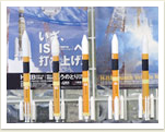 こちらにずらっと並んでいるのは、H-IIAロケットの模型。 