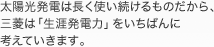太陽光発電は長く使い続けるものだから、三菱は「生涯発電力」をいちばんに考えていきます。
