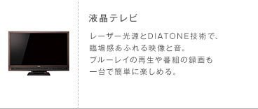 液晶テレビ レーザー光源とDIATONE技術で、臨場感あふれる映像と音。ブルーレイの再生や番組の録画も一台で簡単に楽しめる。