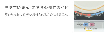 見やすい表示　光や音の操作ガイド　誰もが安心して、使い続けられるものにすること。