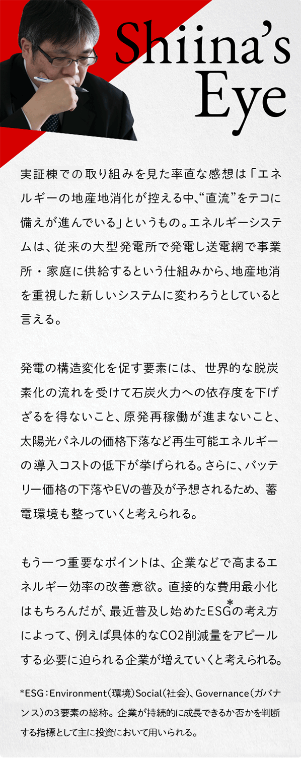 Shiina's Eye 実証棟での取り組みを見た率直な感想は「エネルギーの地産地消化が控える中、"直流"をテコに 備えが進んでいる」というもの。エネルギーシステムは、従来の大型発電所で発電し送電網で事業所・家庭に供給するという仕組みから、地産地消を重視した新しいシステムに変わろうとしていると言える。発電の構造変化を促す要素には、世界的な脱炭素化の流れを受けて石炭火力への依存度を下げざるを得ないこと、原発再稼働が進まないこと、太陽光パネルの価格下落など再生可能エネルギーの導入コストの低下が挙げられる。さらに、バッテリー価格の下落やEVの普及が予想されるため、蓄電環境も整っていくと考えられる。もう一つ重要なポイントは、企業などで高まるエネルギー効率の改善意欲。直接的な費用最小化はもちろんだが、最近普及し始めたESGの考え方によって、例えば具体的なCO2削減量をアピールする必要に迫られる企業が増えていくと考えられる。