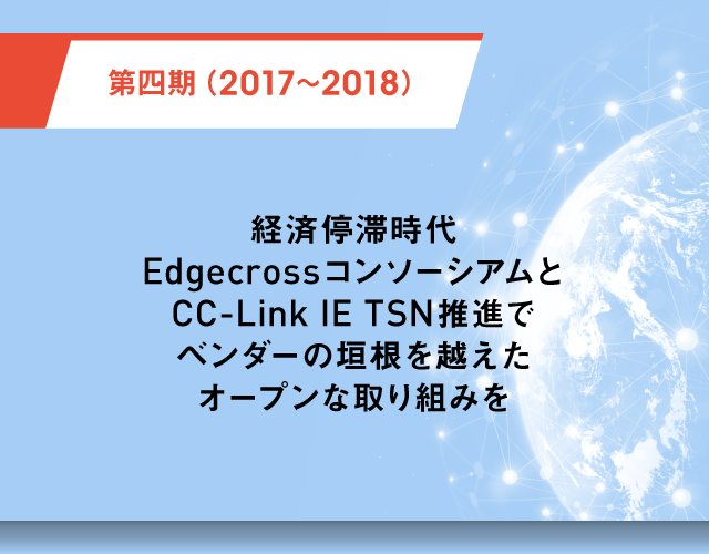 第四期（2017～2018） 経済停滞時代 EdgecrossコンソーシアムとCC-Link IE TSN推進でベンダーの垣根を越えたオープンな取り組みを