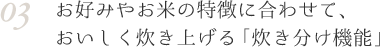 03 お好みやお米の特徴に合わせて、おいしく炊き上げる「炊き分け機能」