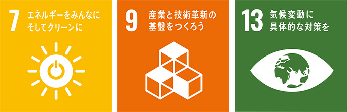 「7.エネルギーをみんなに そしてクリーンに」「9.産業と技術革新の基盤をつくろう」「13.気候変動に具体的な対策を」