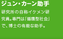 ジュン・カーン助手　研究所の自称イケメン研究員。専門は「循環型社会」で、博士の有能な助手。