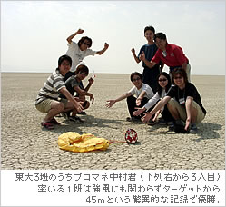 東大3班のうちプロマネ中村君（下列中央）率いる１班は強風にも関わらずターゲットから45ｍという驚異的な記録で優勝。