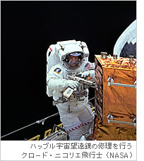ハッブル宇宙望遠鏡の修理を行うクロード・ニコリエ飛行士（NASA）
