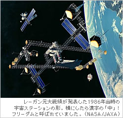 レーガン元大統領が発表した1986年当時の宇宙ステーションの形。横にしたら漢字の「中」！フリーダムと呼ばれていました。（NASA）