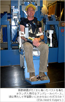 振動装置がたくさん着いたベストを着たオランダ人飛行士アンドレ・カイパース。彼は果たして宇宙酔いにかからないのだろうか？（ESA/Andre Kuipers ）