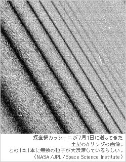 探査機カッシーニが7月1日に送ってきた土星のAリングの画像。この1本1本に無数の粒子が大渋滞しているらしい。（NASA/JPL/Space Science Institute）