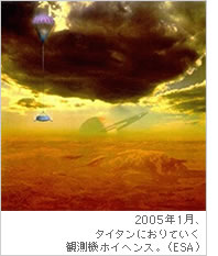 2005年1月、タイタンにおりていく観測機ホイヘンス。（ESA）
