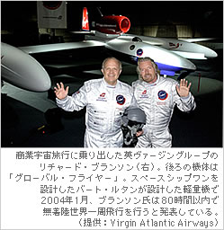 商業宇宙旅行に乗り出した英ヴァージングループのサー･リチャード・ブランソン。後ろの機体は「グローバル･フライヤー」。スペースシップワンを設計したバート･ルタンが設計した軽量機で2004年1月、リチャードは80時間以内で無着陸世界一周飛行を行うと発表している。（提供：Virgin Atlantic Airways）