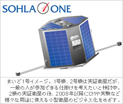まいど1号イメージ。1号機、2号機は実証衛星だが、一般の人が参加できる仕掛けを考えたいと検討中。2機の実証衛星の後、2008年以降にCMや実験など様々な用途に使える小型衛星のビジネス化をめざす。