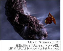 ７月４日、米国独立記念日に彗星に弾丸を衝突させる。イメージ図。（NASA/JPL/UMD Artwork by Pat Rawlings）