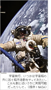 宇宙旅行、いつかは宇宙船の外に出て船外活動をやってみたい。これも割りと近いうちに実現可能だったりして。（提供：NASA）